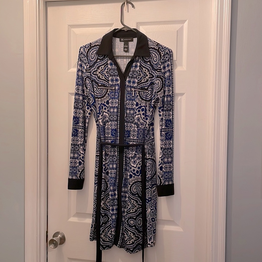 INC Dress. Blue and Black Print. Collar. Black Belt Included